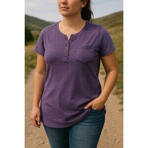 Carhartt W Henley T-Shirt Medium M Purple Ribbed Knit Short Sleeve Pocket Tee